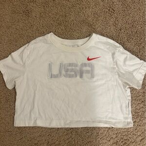 Nike White Cropped USA Graphic Tee with Red Swoosh